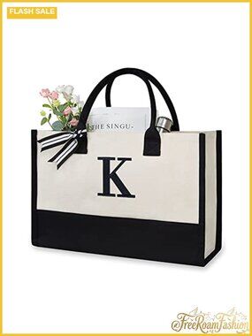 Personalized Initial Canvas Beach Tote Bag Monogrammed Gift for Women